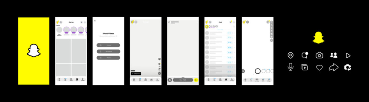 Social media Snapchat. Snapchat mockup. Snapchat social network screen mockup. User interface. Social media application. Social network application screen. Feed, interface, application screen, chat.