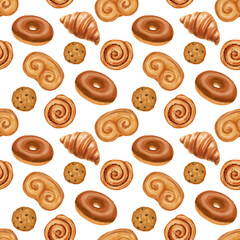 Seamless pattern with baking. Hand drawn illustrations of sweet pastries and cookies on white background.