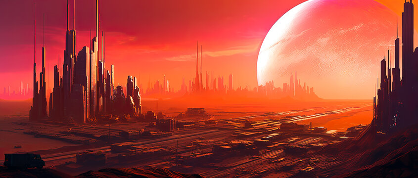 Illustration of a futuristic mars metropolitan city with a thriving economy.  The martian red planet colony is popular for space tourism.