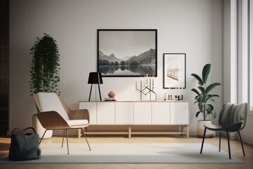 Minimalist interior design featuring mock poster, 3D rendering. Generative AI