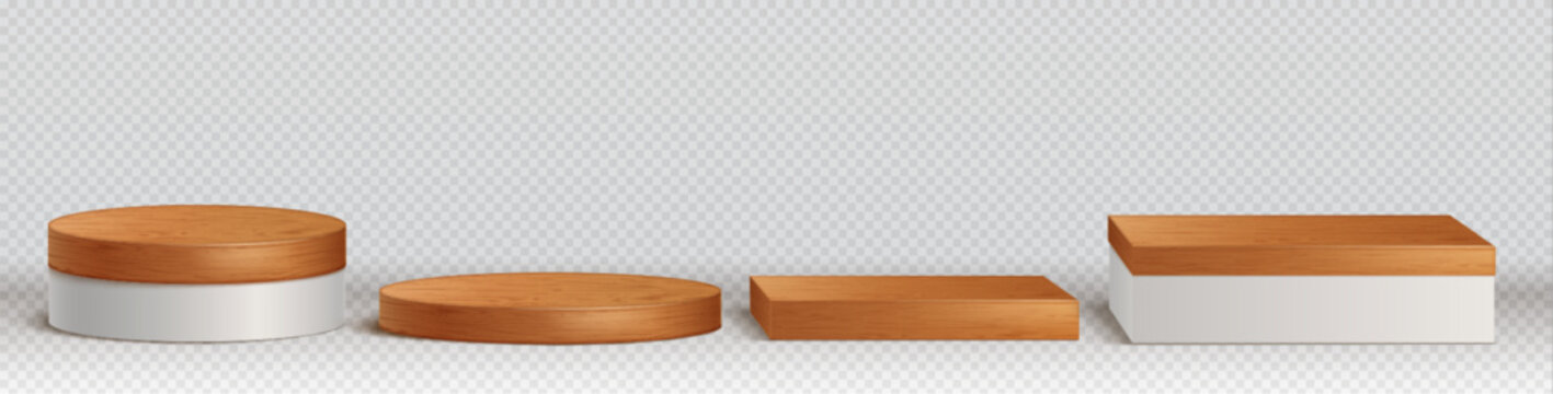 3d wooden podiums, platforms for display product. Empty circle and square stands of brown wood plank and white base isolated on transparent background, vector realistic illustration