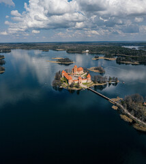 Trakai Castle musseum and galve lake picture taken from drone