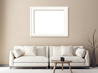 Blank horizontal decorative art transparent frame mock-up in Scandinavian style living room interior, modern living room interior background, beige sofa.