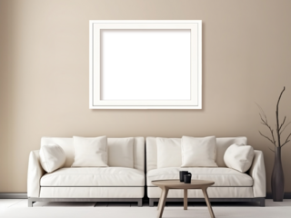 Blank horizontal decorative art transparent frame mock-up in Scandinavian style living room interior, modern living room interior background, beige sofa.