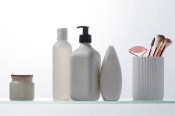 A set of cosmetics for the care and youth of the skin on a glass shelf. Layouts with a place for your logo.