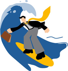 Illustration vector graphic of going to work on a surfboard. Fit for work life balance campaigns, startup cultures, employee engagement programs, remote work promotion, business lifestyle blogs