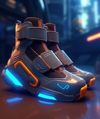 sci fi men's biker shoes design and concept jpg, in the style of Royal blue & peach, unreal engine 5, mecha anime, 32k uhd. generative ai