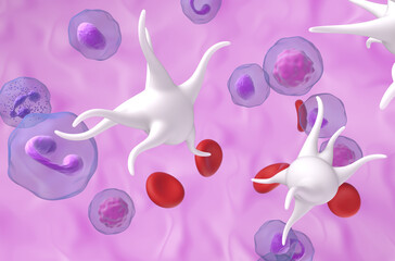 Essential thrombocythemia (ET), a blood cancer by the overproduction of platelets (thrombocytes) - closeup view 3d illustration