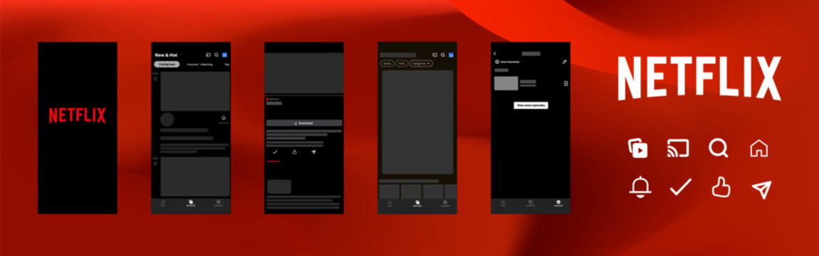 Netflix mobile apps. Netflix. Smartphone app mockup. Template for online service with movies. Ui Template. Netflix streaming service user interface template. Interface mockup vector design.