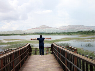 Man with open arms on wooden bridge over lake.Joy of life.