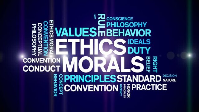Ethics Morals animated tag word cloud;values text design animation kinetic typography seamless loop.