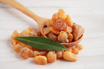 Frankincense or olibanum aromatic resin used in incense and perfumes.