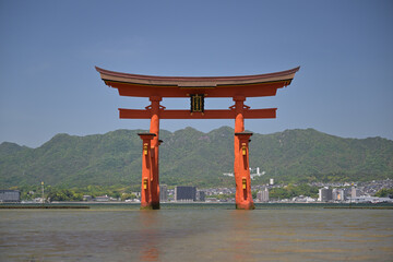 Fototapeta premium Itsukushima Shrine in Miyajima, Hiroshima Pref. The tablet on the torii reads 'Itsukushima Shrine'.