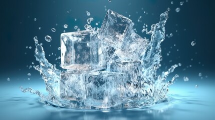 Transparent ice cube float in air with splash