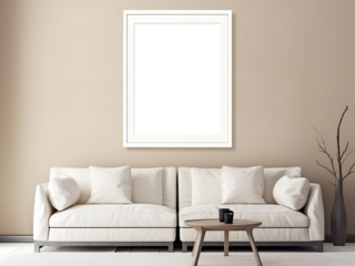 Blank vertical decorative art transparent frame mock-up in Scandinavian style living room interior, modern living room interior background, beige sofa.