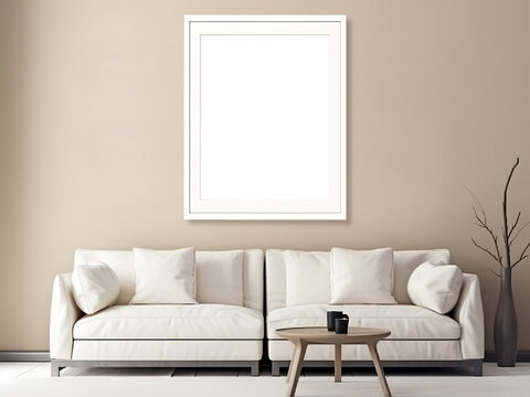 Blank vertical decorative art transparent frame mock-up in Scandinavian style living room interior, modern living room interior background, beige sofa.