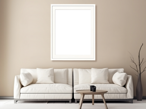 Blank vertical decorative art transparent frame mock-up in Scandinavian style living room interior, modern living room interior background, beige sofa.