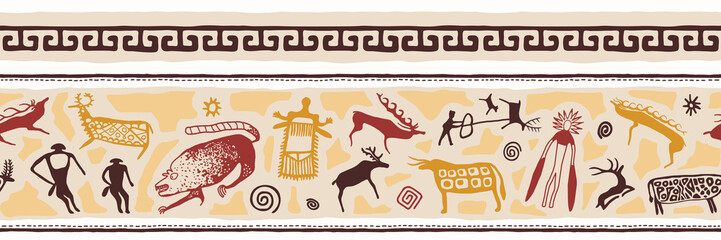 Ethnic border on the theme of rock paintings, vector design. Seamless pattern, banner. 
