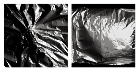 Plastic film wrap overlay texture. Black plastic bag, crumpled polyethylene