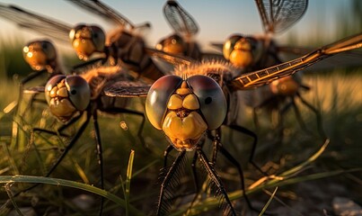 Macro photography reveals the intricate details of a dragonfly's selfie. Creating using generative AI tools