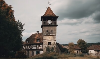 The old clock tower cast its shadow over the tranquil small village Creating using generative AI tools