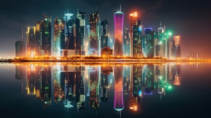 Fototapeta premium Vibrant Cityscape at night with illuminated skyscraper. Generative ai.
