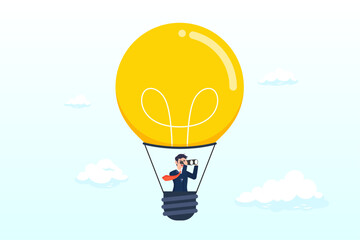 Businessman riding light bulb balloon using spyglass or telescope searching for vision, search for new business opportunity, idea or inspiration, business visionary, challenge or achievement (Vector) - obrazy, fototapety, plakaty