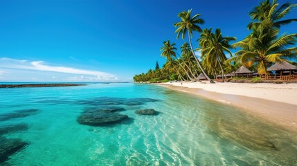 Obraz na płótnie Canvas Tropical paradise Beach With Crystal-clear turquoise. Paradise Found Stunning Seascape of a Tranquil Beach with Crystal-clear Water and Palm Trees. Generative ai.