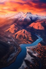 Stunning Aerial View of a vibrant mountain. Golden hour landscape. Generative ai.