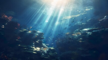 Fototapeta na wymiar Underwater Sea Deep Water Abyss With Blue Sun