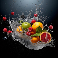 Fototapeta na wymiar A Variety of Colorful Fruit Wrapped in a Splash of Water Generative AI