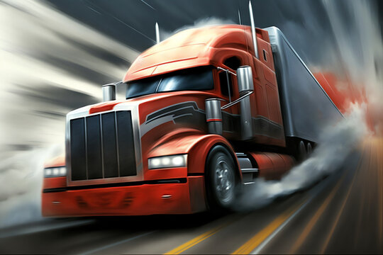 Truck with freight moving fast. Big truck driving on road. Blurred image. Generative AI.