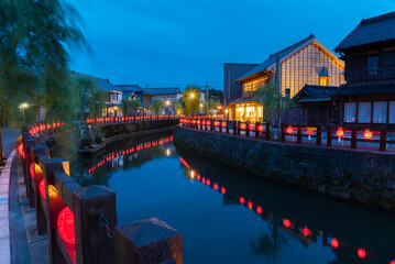 Night scenery of historical landmark Sawara town, which is Japanese old town area in Chiba Prefecture, Japan