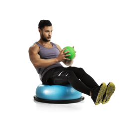 Fitness, man with medicine ball and training isolated against a transparent png background. Workout or exercise, practice with sportswear and male athlete with gym equipment pose for health wellness
