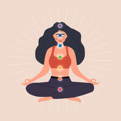 Seven chakras system of human body. Ayurveda, Buddhism and Hinduism. Alternative medicine. Meditating woman with basic energy centers. Health care concept. Indian culture. Flat vector illustration.