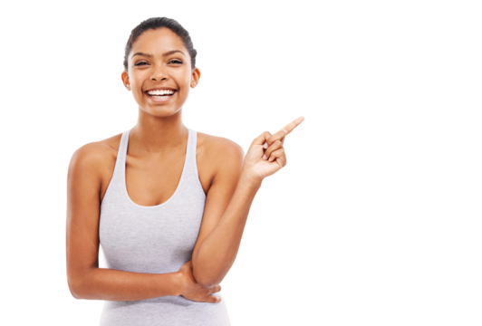 Isolated woman, fitness portrait and pointing with smile for promotion, gesture or vote by transparent png background. Girl, model or personal trainer with finger point, announcement or deal at gym