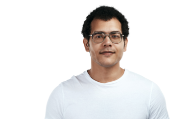 Man, face and glasses in portrait with vision, frame and prescription lens isolated on transparent png background. Eye care, casual tshirt and eyewear, young male model in headshot with optometry