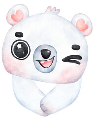 Whimsical Polar Bear exciting face cartoon Playful winter animal Watercolor Children Illustration