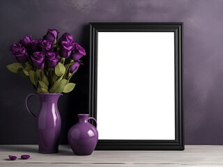 Blank decorative art transparent frame mock-up with flowers in a vase on the table