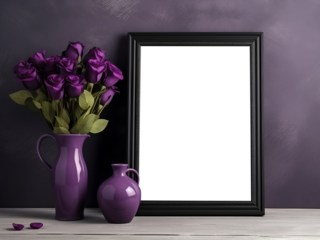 Blank decorative art transparent frame mock-up with flowers in a vase on the table