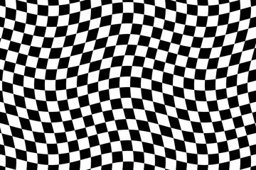 Black and white checkered flag texture background vector. Wavy tartan plaid fabric pattern. Abstract geometric shapes. Wave stripes ethnic pattern.
