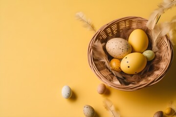 a Few Decorated Easter Eggs in a Basket. Created with Generative AI Technology