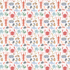 Seamless seafood pattern. Drawn seafood background