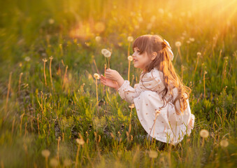 Beautiful cute little preschool girl holding a dandelion flower on the nature in the summer. Happy healthy handsome toddler child on the green field. Bright sunset light.