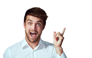 Man, portrait and surprise with idea for solution, problem solving or facial expression isolated on a transparent PNG background. Surprised or excited male person or model looking shocked with finger