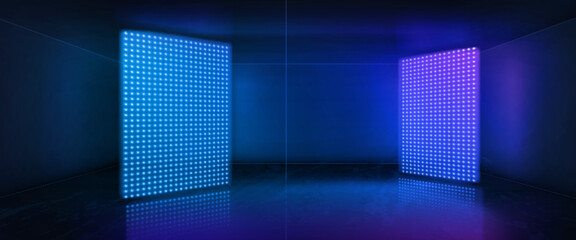 Neon room with led light stage vector background. Dark abstract studio with screen night scene. Empty television hall for dance party or concert. 3d blue showroom interior for casino game design