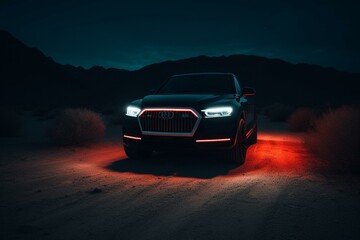 Obraz na płótnie Canvas A sleek vehicle adorned with neon lights cruising on a dark desert road. Generative AI