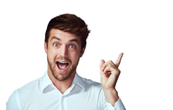 Man, portrait and surprise with idea for solution, problem solving or facial expression isolated on a transparent PNG background. Surprised or excited male person or model looking shocked with finger