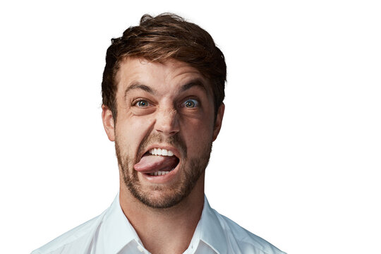 Silly man, face and portrait with tongue out for funny humor isolated on a transparent PNG background. Goofy and handsome young male person or model with fun comic, emoji or comedy facial expression