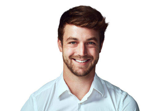 Happy, smile and portrait of business man on transparent background for professional, natural and pride. Happiness, confident and corporate with face of male employee on png for positive and career